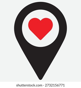 Black map pin marker with red heart symbol inside on light gray background location marker black pin