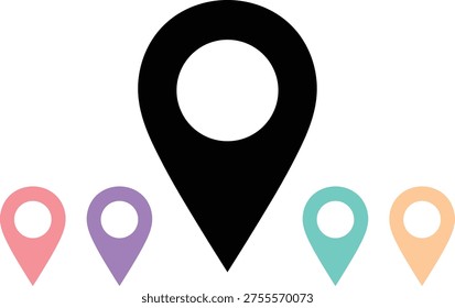 Black map pin with pastel colored map pins below location marker navigation destination pointer