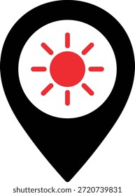 Pin negro del mapa con el símbolo rojo del sol dentro del círculo blanco marcador de ubicación sol sol rojo
