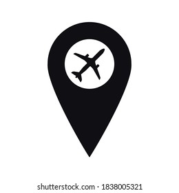 Black Map Pointer with airplane inside. Airport marker. A place to fly. You are here symbol. gps navigation. Vector flat design map marker icon that points location. Web element design.