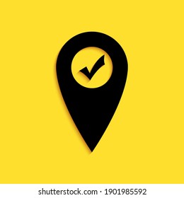 Black Map pointer with check mark icon isolated on yellow background. Marker location sign. Tick symbol. For location maps. Sign for navigation. Long shadow style. Vector.