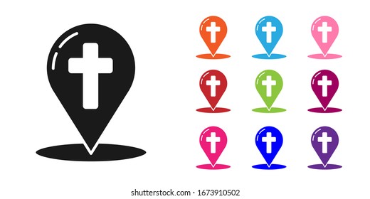 Black Map pointer with christian cross icon isolated on white background. Set icons colorful. Vector Illustration