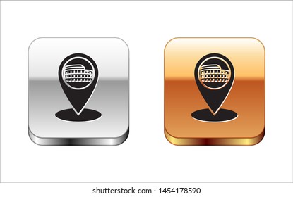 Black Map pointer with Coliseum in Rome, Italy icon isolated on white background. Colosseum sign. Symbol of Ancient Rome, gladiator fights. Silver-gold square button. Vector Illustration