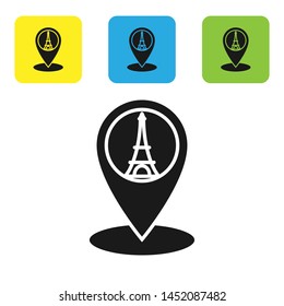 Black Map pointer with Eiffel tower icon isolated on white background. France Paris landmark symbol. Set icons colorful square buttons. Vector Illustration