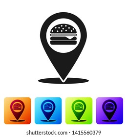 Black Map pointer with fast food burger icon isolated on white background. Set icon in color square buttons. Vector Illustration