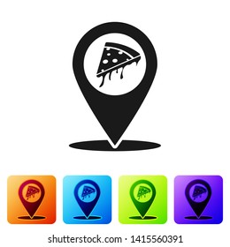 Black Map pointer with fast food slice pizza icon isolated on white background. Pizzeria location icon. Pizza cafe and restaurant marker. Set icon in color square buttons. Vector Illustration