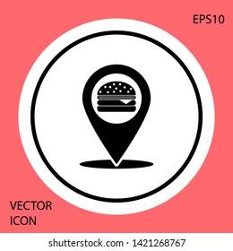 Black Map pointer with fast food burger icon isolated on red background. White circle button. Vector Illustration
