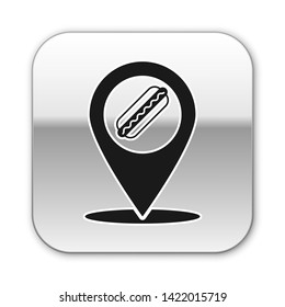 Black Map pointer with fast food hotdog icon isolated on white background. Sausage icon. Silver square button. Vector Illustration