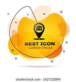 Black Map pointer with fast food burger icon isolated on white background. Fluid color banner. Vector Illustration