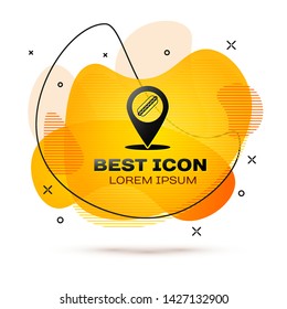 Black Map pointer with fast food hotdog icon isolated on white background. Sausage icon. Fluid color banner. Vector Illustration