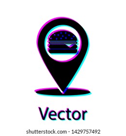 Black Map pointer with fast food burger icon isolated on white background. Vector Illustration