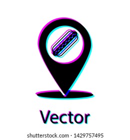 Black Map pointer with fast food hotdog icon isolated on white background. Sausage icon. Vector Illustration