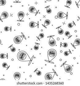 Black Map pointer with fast food burger line icon isolated seamless pattern on white background. Vector Illustration
