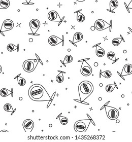 Black Map pointer with fast food hotdog line icon isolated seamless pattern on white background. Sausage icon. Vector Illustration