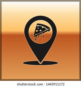 Black Map pointer with fast food slice pizza icon isolated on gold background. Pizzeria location icon. Pizza cafe and restaurant marker. Vector Illustration