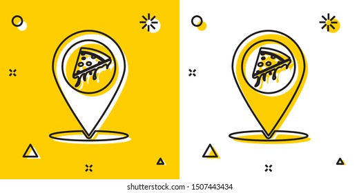 Black Map pointer with fast food slice pizza icon isolated on yellow and white background. Pizzeria location icon. Pizza cafe and restaurant marker. Random dynamic shapes. Vector Illustration