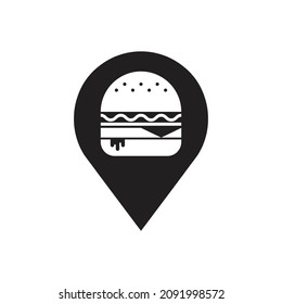 Black map pointer with fast food cheeseburger icon isolated. Flat vector illustration of pin point and burger symbol. Location point of hamburger restaurant.