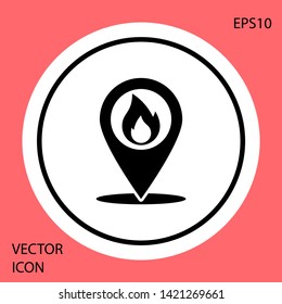 Black Map pointer with fire flame icon isolated on red background. Fire nearby. White circle button. Vector Illustration