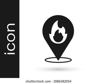 Black Map pointer with fire flame icon isolated on white background. Fire nearby.  Vector