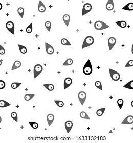 Black Map pointer with golf flag icon isolated seamless pattern on white background. Location marker symbol.  Vector Illustration