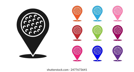 Black Map pointer with golf sport club icon isolated on white background. Set icons colorful. Vector