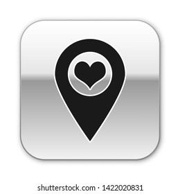 Black Map pointer with heart icon isolated on white background. Silver square button. Vector Illustration