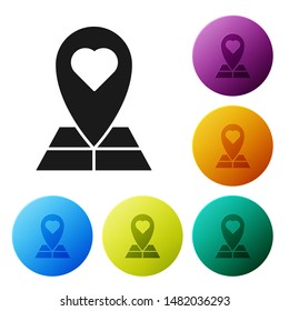 Black Map pointer with heart icon isolated on white background. Valentines day. Love location. Romantic map pin. Set icons colorful circle buttons. Vector Illustration