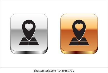 Black Map pointer with heart icon isolated on white background. Valentines day. Love location. Romantic map pin. Silver-gold square button. Vector Illustration