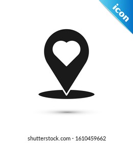 Black Map pointer with heart icon isolated on white background. Valentines day. Love location. Romantic map pin.  Vector Illustration