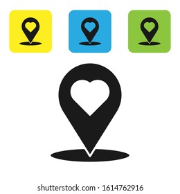 Black Map pointer with heart icon isolated on white background. Valentines day. Love location. Romantic map pin. Set icons colorful square buttons. Vector Illustration