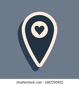 Black Map pointer with heart icon isolated on grey background. Valentines day. Love location. Romantic map pin. Long shadow style. Vector Illustration