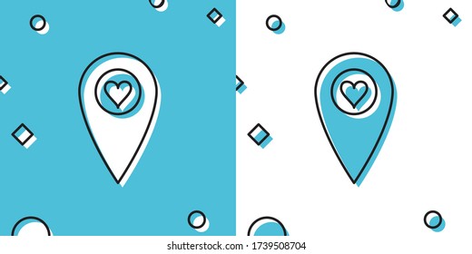 Black Map pointer with heart icon isolated on blue and white background. Valentines day. Love location. Romantic map pin. Random dynamic shapes. Vector Illustration