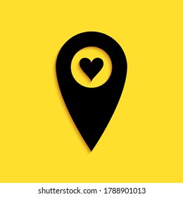 Black Map pointer with heart icon isolated on yellow background. Valentines day. Love location. Romantic map pin. Long shadow style. Vector.