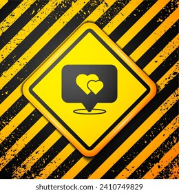 Black Map pointer with heart icon isolated on yellow background. Valentines day. Love location. Romantic map pin. Warning sign. Vector