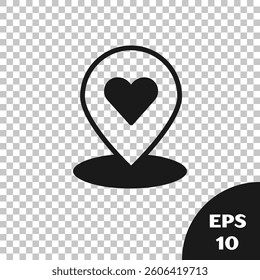 Black Map pointer with heart icon isolated on transparent background. Valentines day. Love location. Romantic map pin.  Vector