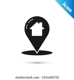 Black Map pointer with house icon isolated on white background. Home location marker symbol.  Vector Illustration
