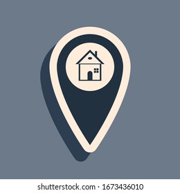 Black Map pointer with house icon isolated on grey background. Home location marker symbol. Long shadow style. Vector Illustration