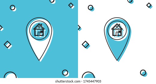 Black Map pointer with house icon isolated on blue and white background. Home location marker symbol. Random dynamic shapes. Vector Illustration