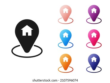 Black Map pointer with house icon isolated on white background. Home location marker symbol. Set icons colorful. Vector