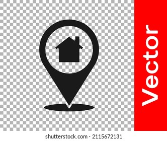 Black Map pointer with house icon isolated on transparent background. Home location marker symbol.  Vector Illustration
