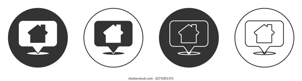 Black Map pointer with house icon isolated on white background. Home location marker symbol. Circle button. Vector Illustration