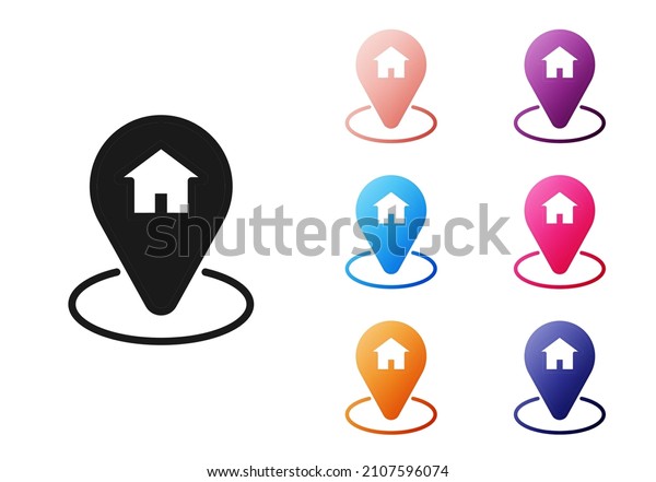 Black\
Map pointer with house icon isolated on white background. Home\
location marker symbol. Set icons colorful.\
Vector