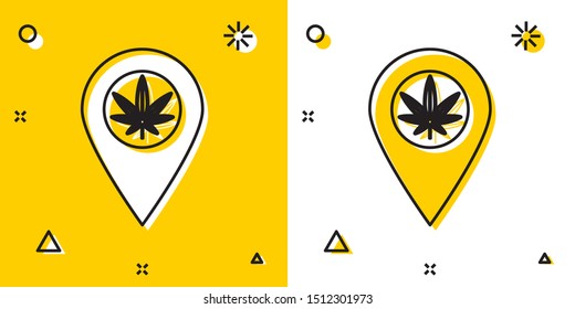 Black Map pointer and marijuana or cannabis leaf icon isolated on yellow and white background. Hemp symbol. Random dynamic shapes. Vector Illustration