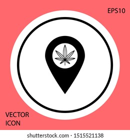 Black Map pointer and marijuana or cannabis leaf icon isolated on red background. Hemp symbol. White circle button. Vector Illustration