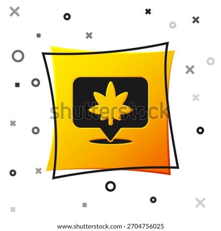 Black Map pointer and marijuana or cannabis leaf icon isolated on white background. Hemp symbol. Yellow square button. Vector Illustration