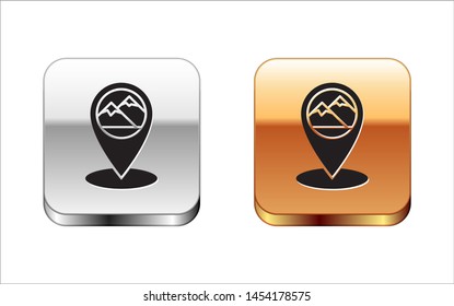 Black Map pointer with mountain icon isolated on white background. Mountains travel icon. Silver-gold square button. Vector Illustration