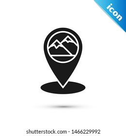 Black Map pointer with mountain icon isolated on white background. Mountains travel icon.  Vector Illustration