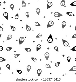 Black Map pointer with Question symbol icon isolated seamless pattern on white background. Marker location sign. For location maps. Sign for navigation. Index location on map.  Vector Illustration