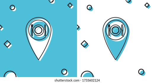 Black Map pointer with restaurant and cutlery, dish, fork, knife icon isolated on blue and white background. Random dynamic shapes. Vector Illustration