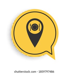 Black Map pointer with restaurant and cutlery, dish, fork, knife icon isolated on white background. Yellow speech bubble symbol. Vector.